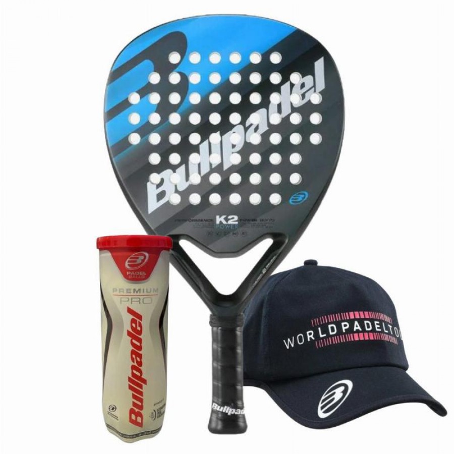 Pacote de raquete Bullpadel K2 Power 2023 com boné e bolas  Oferta + Barato