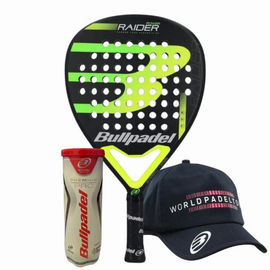 Pacote de raquete Bullpadel Raider Power com boné e bolas  Oferta + Barato