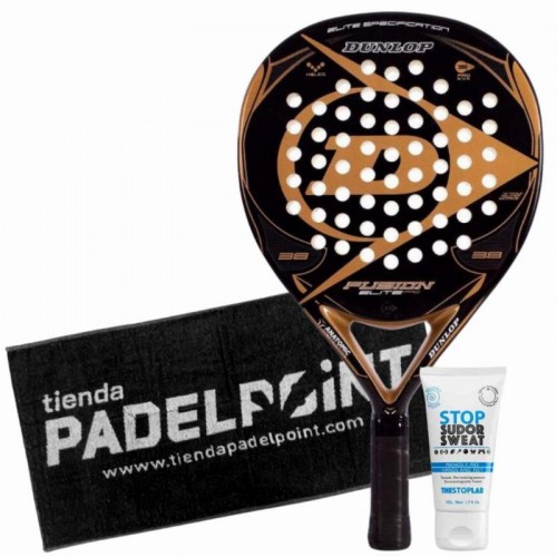 Pack Pala Dunlop Fusion Elite Pro Oro con Toalla y Magnesio Pack Pala Dunlop Fusion Elite Pro Oro con Toalla y Magnesio